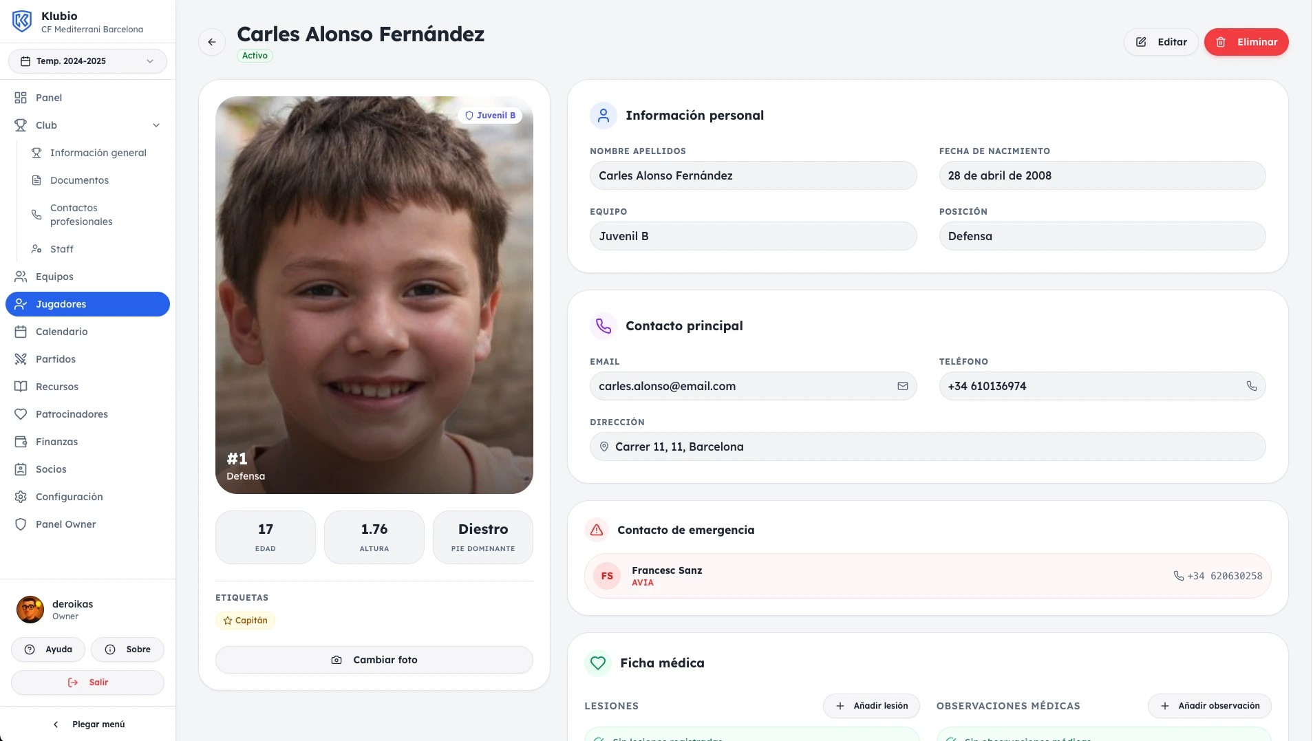 Ficha de jugador en Klubio