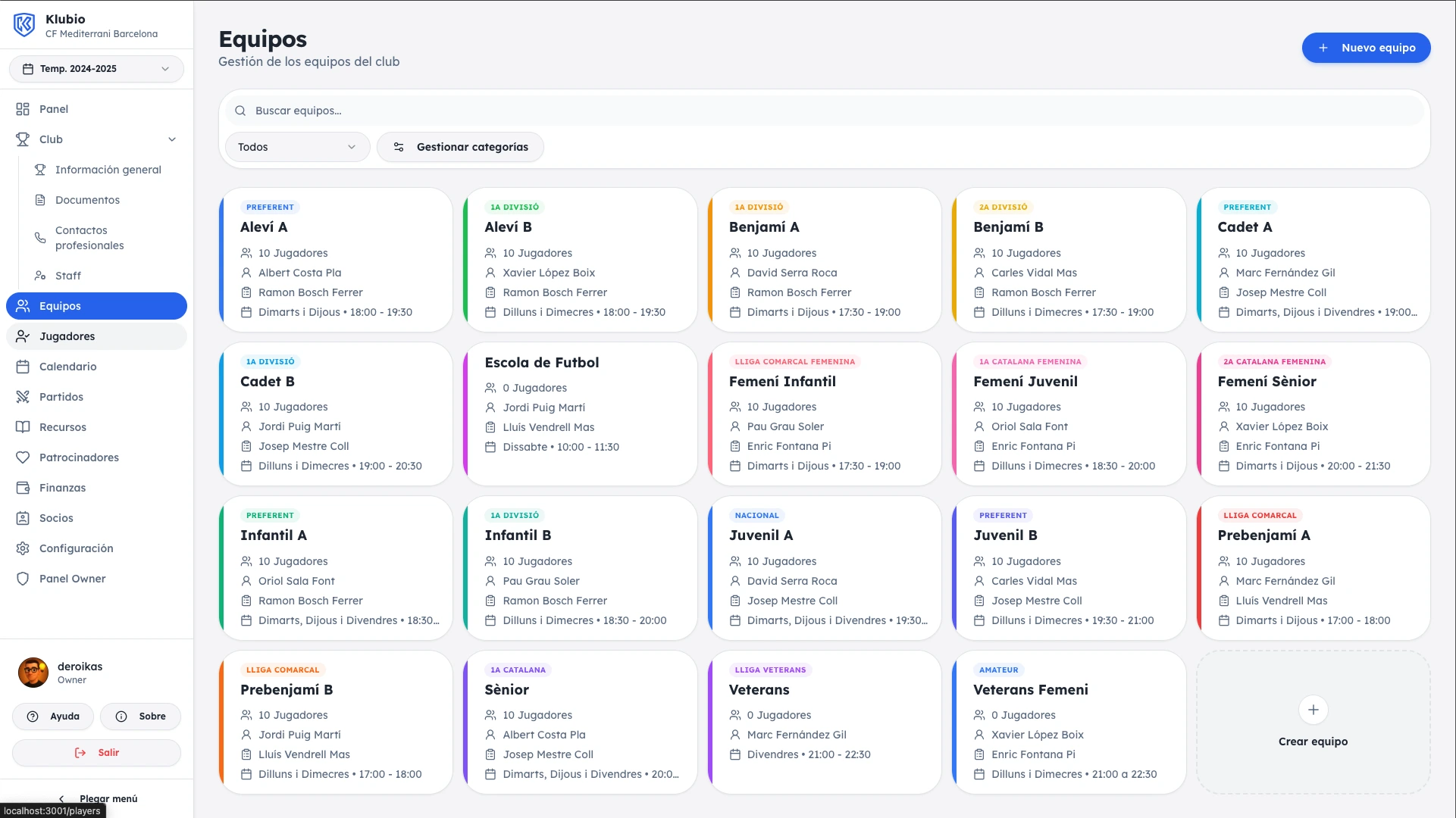 Gestión de equipos en Klubio
