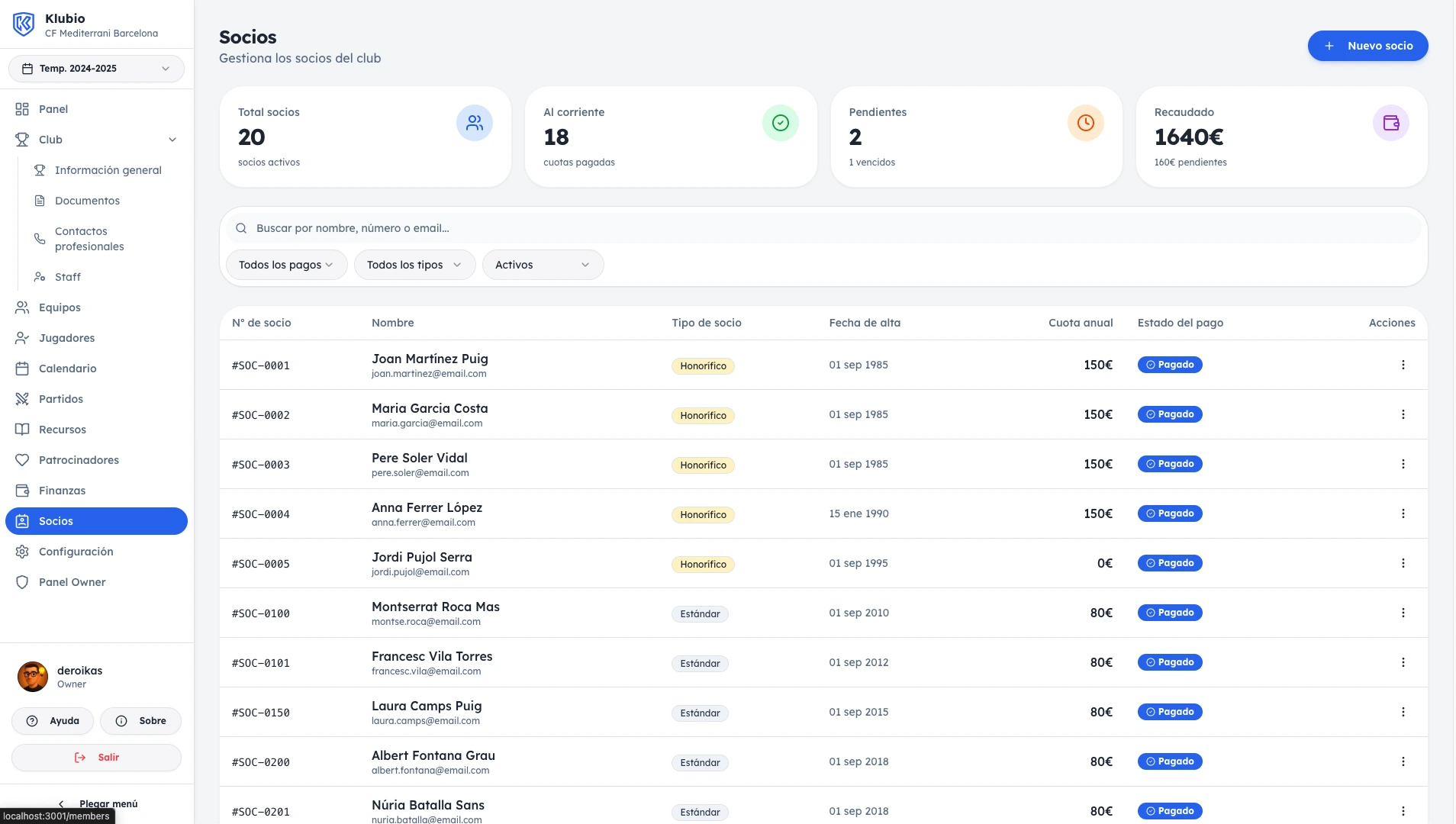 Gestión de socios en Klubio