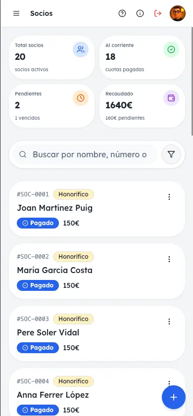 Gestión de socios en Klubio - mobile